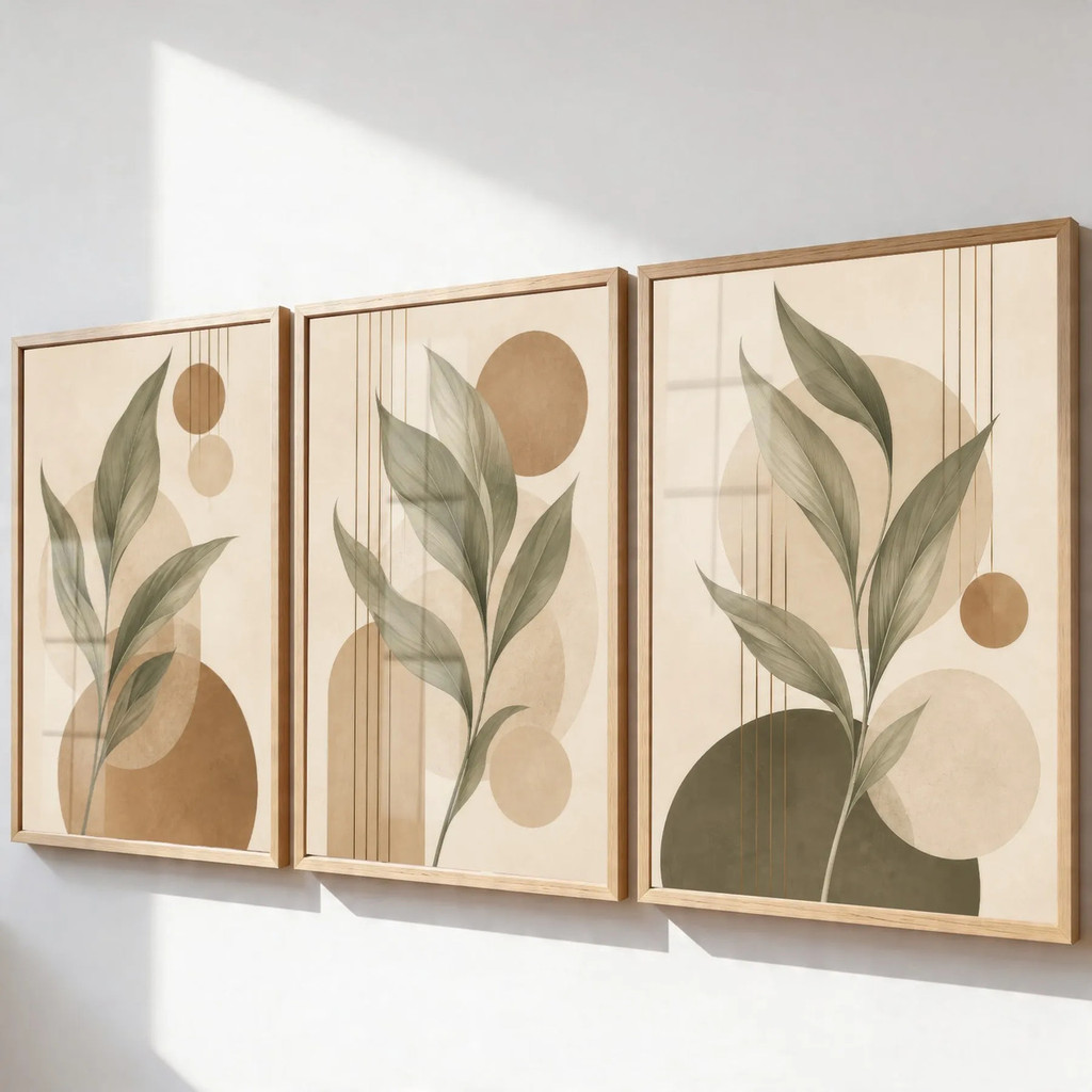 Kit 3 Quadros Folhagem Abstrato Clean Bege Moderno — imagem 2 de 2