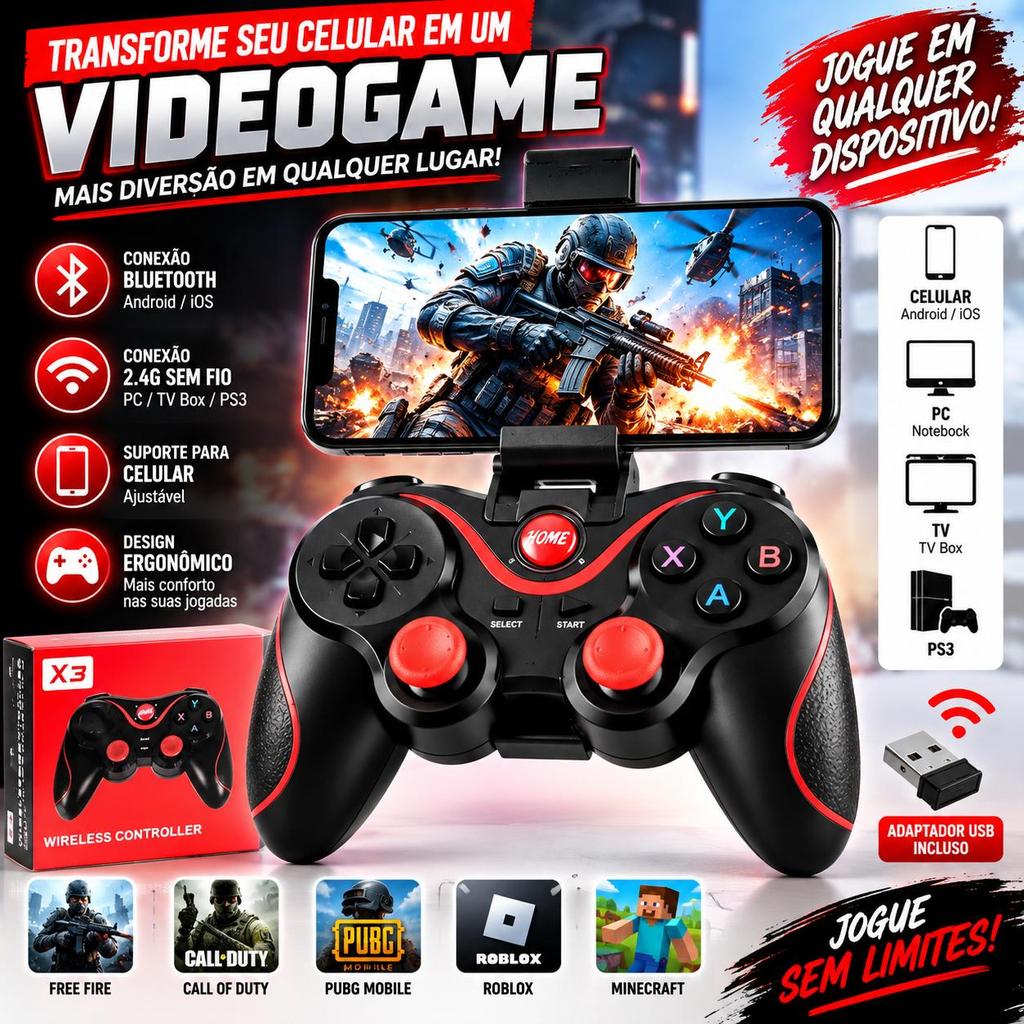 Controle Sem Fio X3 para Celular, PC, TV Box e PS3 com Suporte para Smartphone