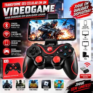 Controle Sem Fio X3 para Celular, PC, TV Box e PS3 com Suporte para Smartphone