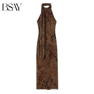 Vestido Maxi Vintage de Outono Estilo Chinês com Decote Halter e Laço de Cachecol, Sem Mangas, Estampa Floral, Ajuste Sl
