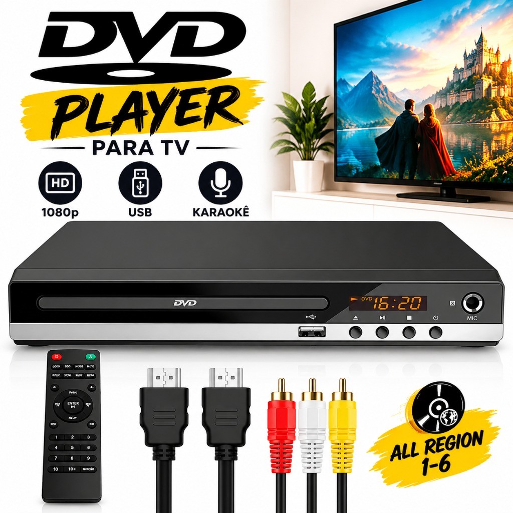 DVD Player para TV com HDMI 1080p USB All Region Bivolt e Entrada para Microfone