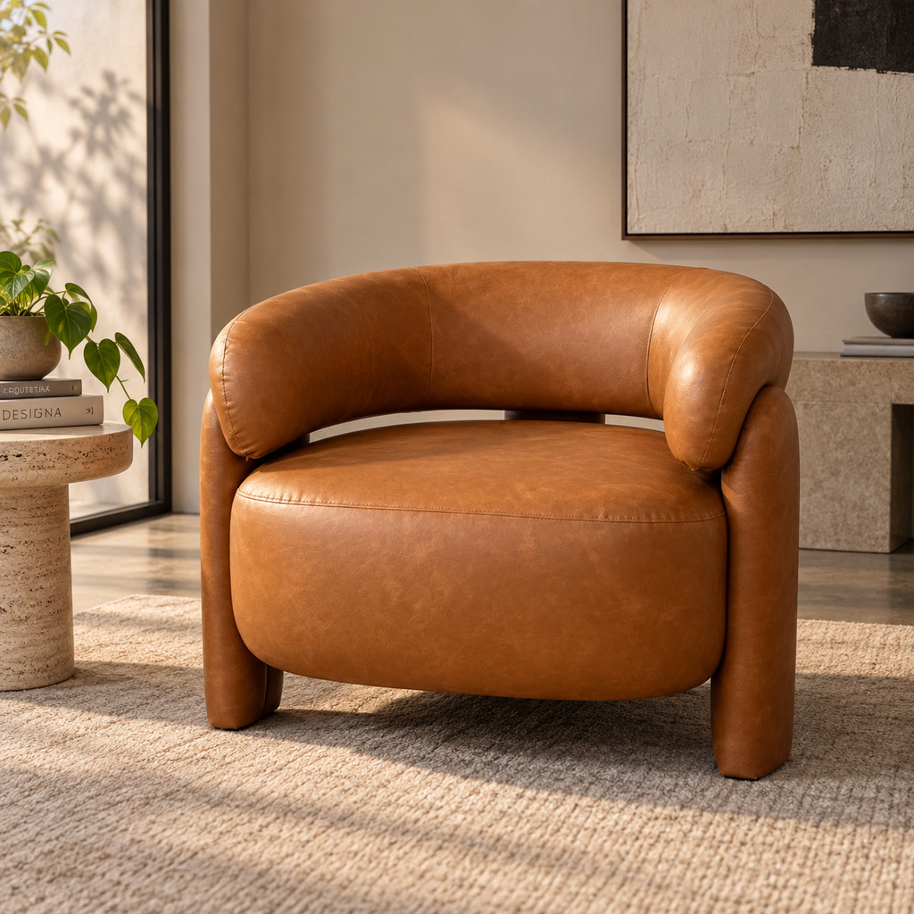 Poltrona Curva Orgânica Moderna Corino Caramelo Sala Quarto Recepção Escritório Premium Luna Divani
