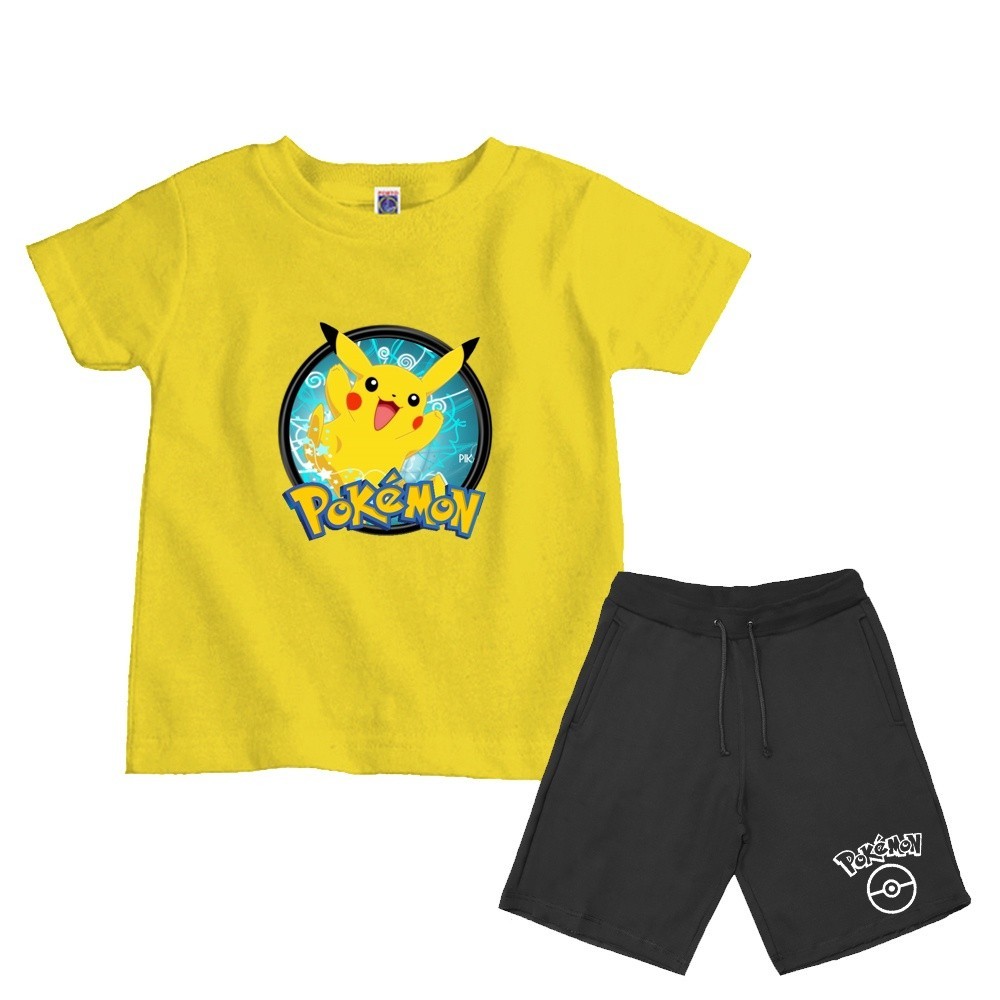 Kit Conjunto Infantil Pokémon Pikachu 2 Peças – Camiseta 100% Algodão Premium + Bermuda Moletom com Estampa DTF