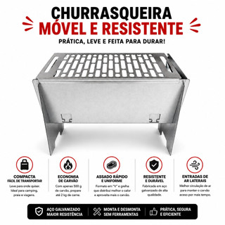 Mini Churrasqueira a Carvão Portátil Desmontável Galvanizada com Grelha para Camping e Praia