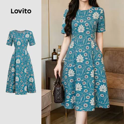 Lovito Vestido Elegante com Flores Linha Estruturada e Zíper – Vestido de para mulheres L199ED805