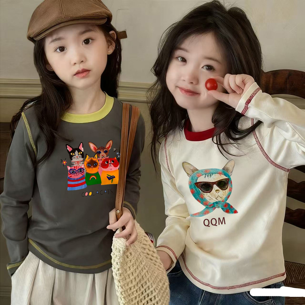 Base de camiseta crianças meninas 2026 manga comprida topo moda dos desenhos animados contraste cor bebê primavera outon