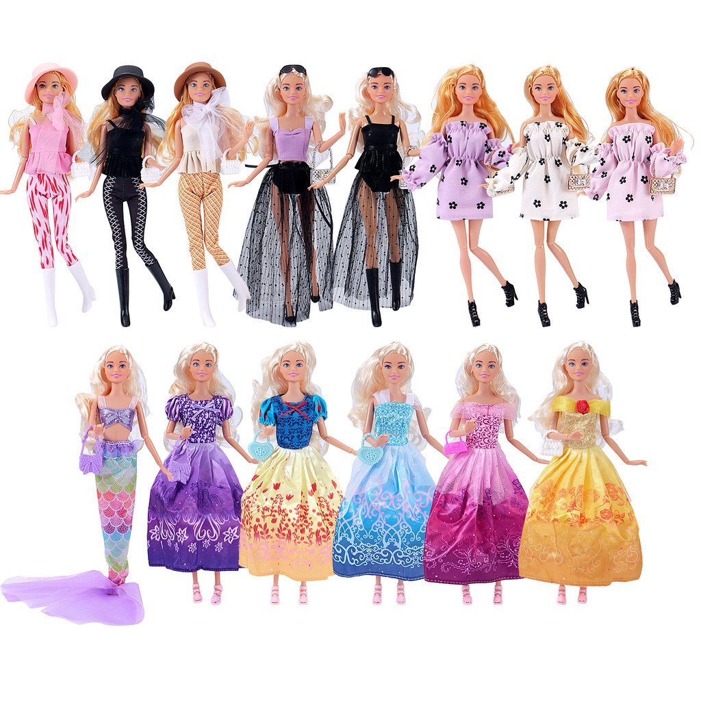 Conjunto Roupas Fashion Boneca 30cm, Vestidos Longos Curtos e Saia Sereia