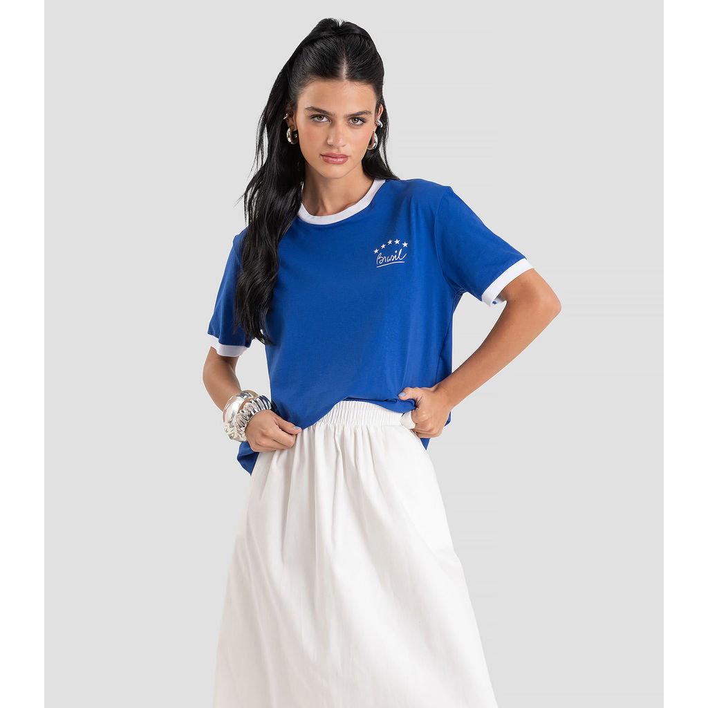 Camiseta Feminina em Meia Malha Brasil Dianna Azul