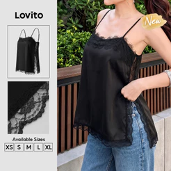 (New Arrival) Lovito Top Preto Casual Feminino S/mangas Gola Quadrada Renda C/babados Fenda Frontal prim/verão Fds Bordado TKT204P1D265