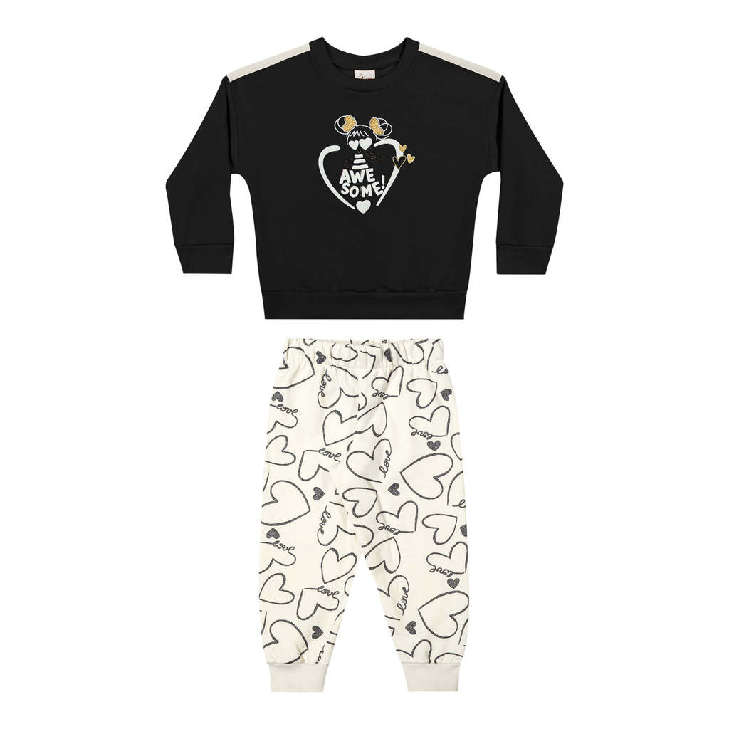 Conjunto Infantil Menina Moletom Coração Elian Preto