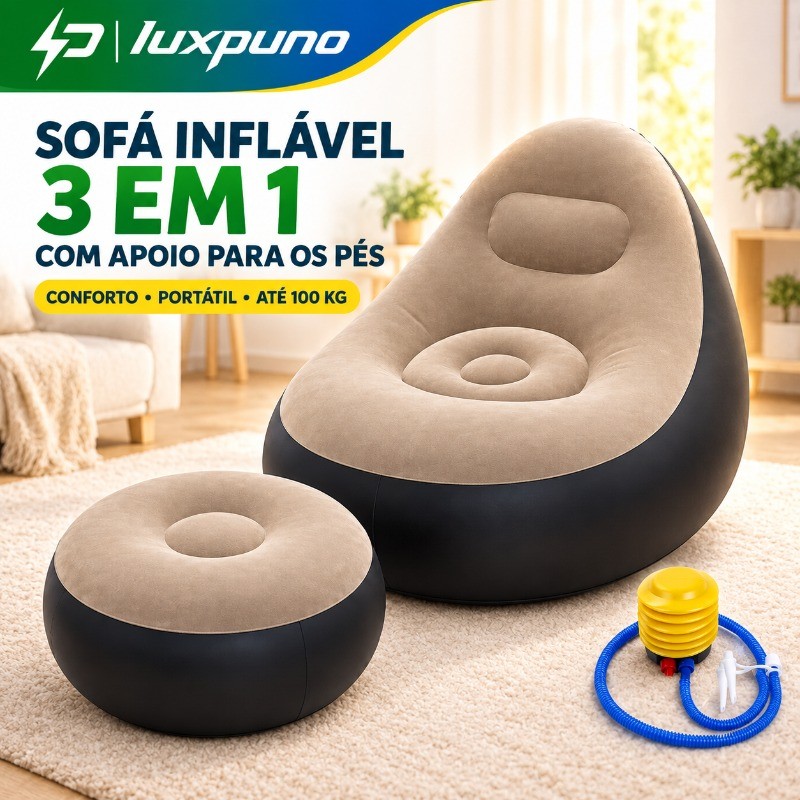 Sofá Inflável Portátil Ultra Lounge Conjunto Poltrona e Puff com Bomba Dobrável Camping Praia Casa PVC Flocado Multiuso