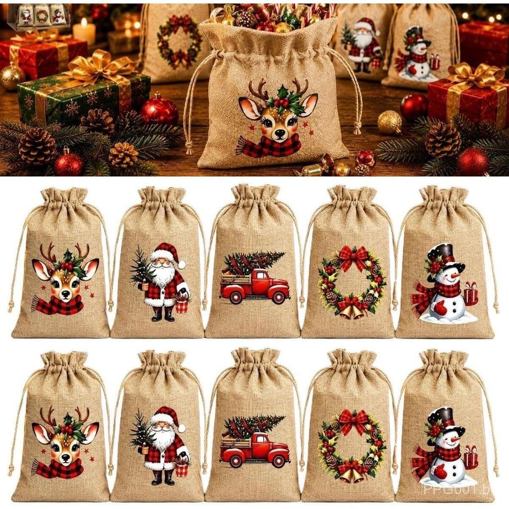 10 sacos de presente com cordão para o Natal, sacos de Natal para presentes, pequenos sacos de juta com estampas festiva