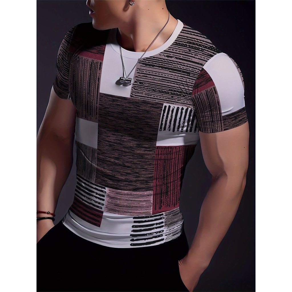 Padrão Costura-3D Impressão Masculina Moda Confortável Fitness Camiseta Apertada Mangas Curtas