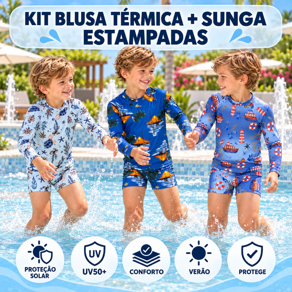Blusa Térmica UV50+ e Sunga Boxer Infantil Estampada Proteção Solar Praia Piscina Natação Verão