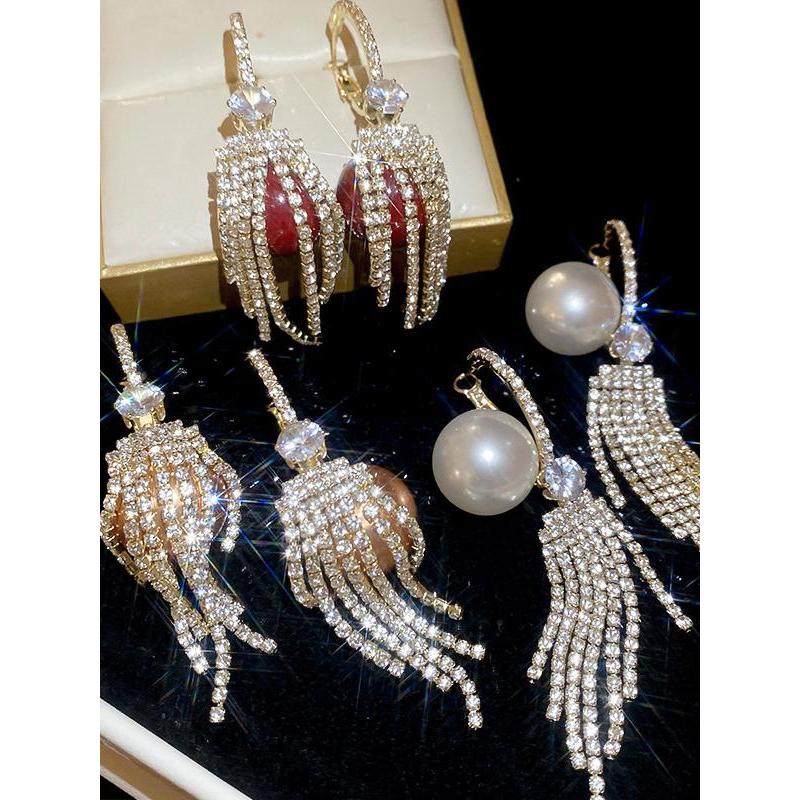 Agulha de prata diamante zircão pérola redonda borla brincos Super fada bonito moda brincos luz luxo High-End brincos fe