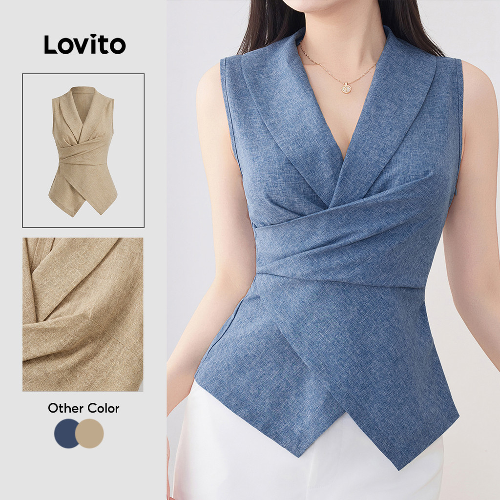 Lovito Alfaiataria Elegante Regata Assimétrica Plissada Primavera/Verão Azul Regata Para Mulheres L135ED203