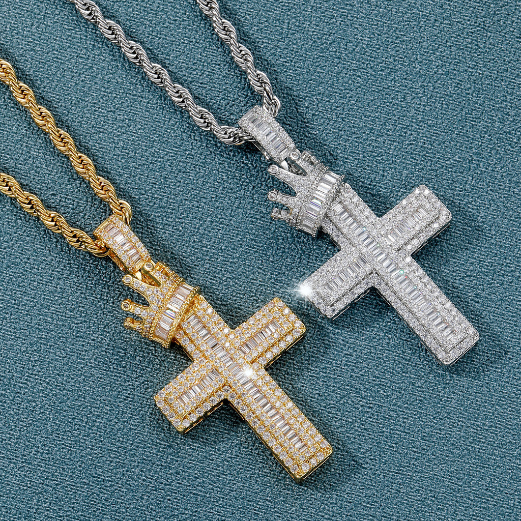 Europa América Venda Quente Ouro Prata Duas Cores Completa Incrustada Zircão Coroa Cruz Hip-Hop Pingente Retro Único Hom