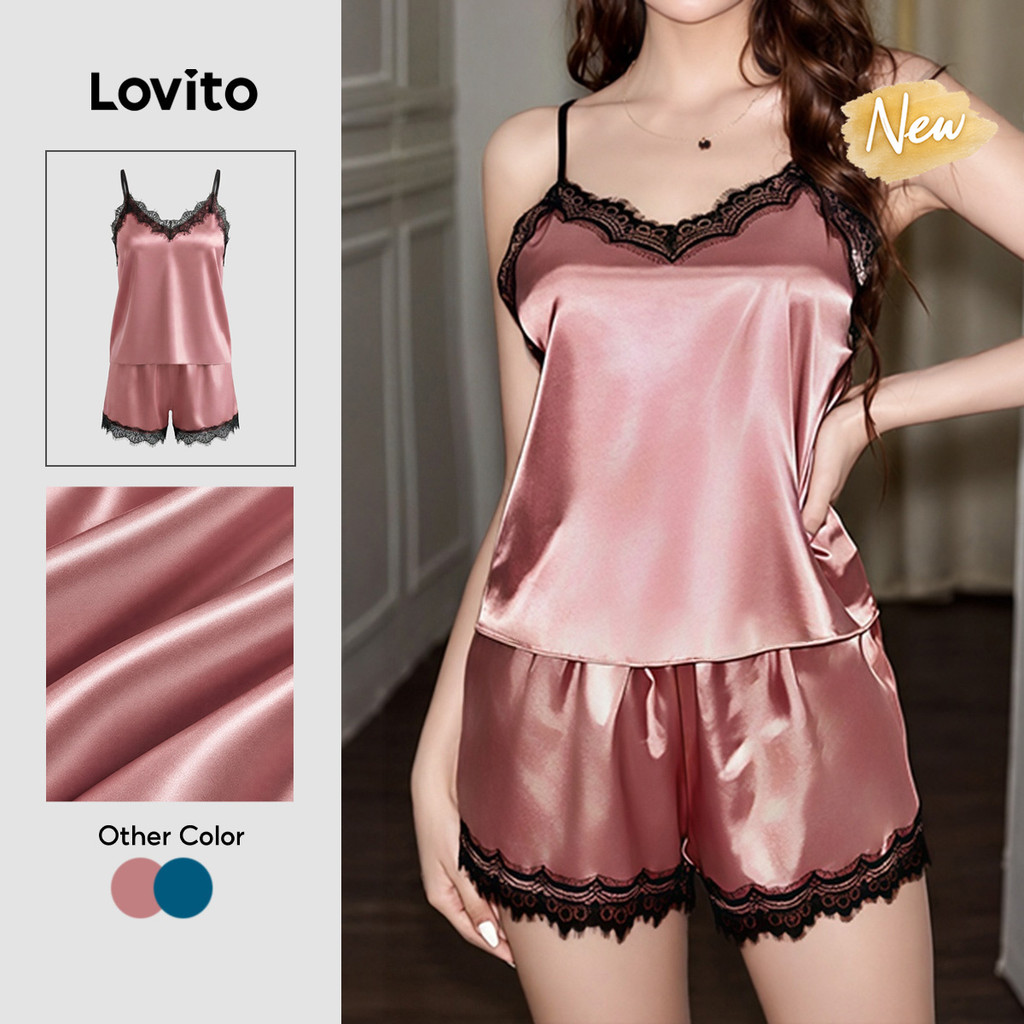 (New Arrival) Lovito Conjunto De Pijama Feminino Casual 2 Peças Conjunto Alça Cetim Com Acabamento De Renda Padrão De Bloco De Cor E Renda Primavera Verão Fim De Semana Cor Rosa Bordado PSNS150P1D920