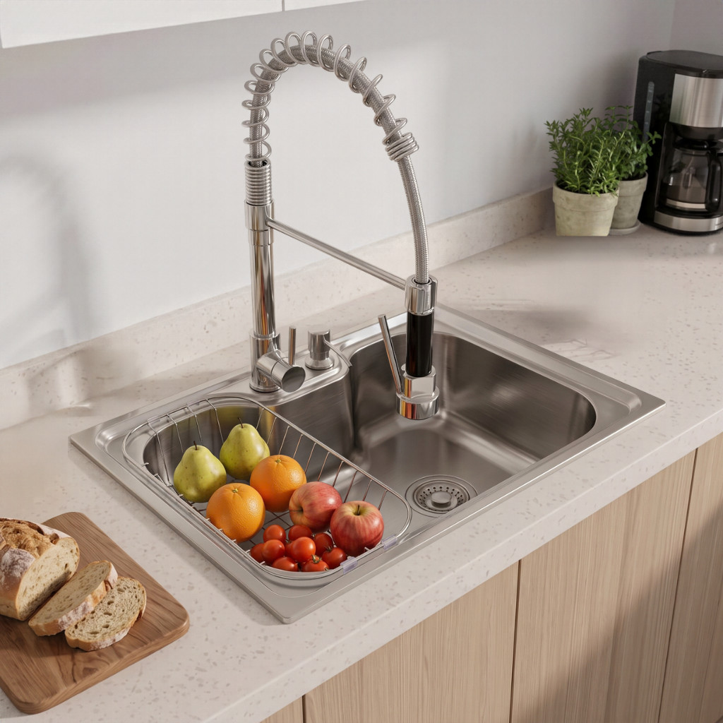 Kit Cuba Cozinha Gourmet Aço Inox 60x42cm Com Acessórios E Torneira Flexível Monocomando Gourmet