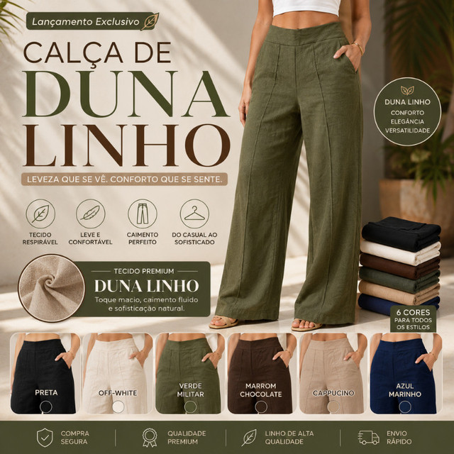 KIT Calça DUNA LINHO Social Pantalona Cintura Alta Elegante PROMOCAO