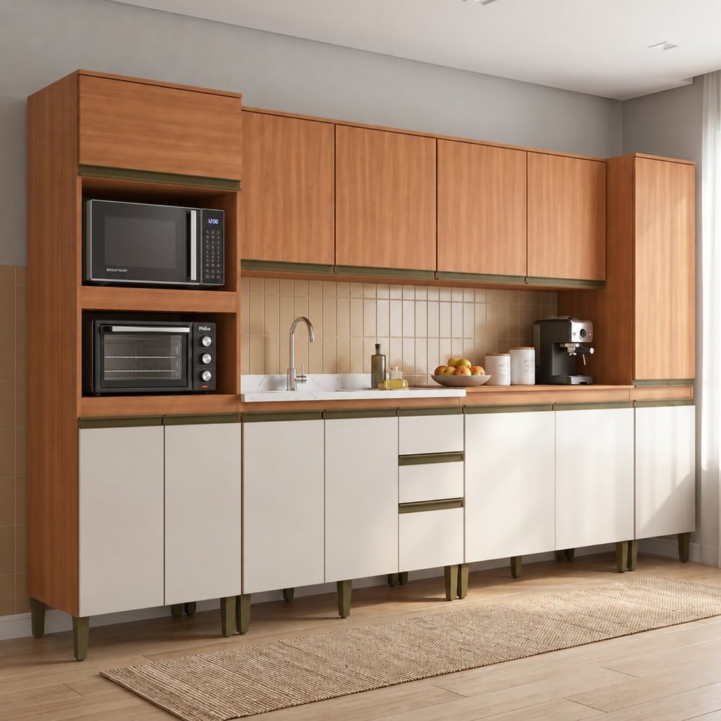 Cozinha Compacta Modulada 6 Peças sem Tampo Cecília Marrom Freijó Off White Lisa