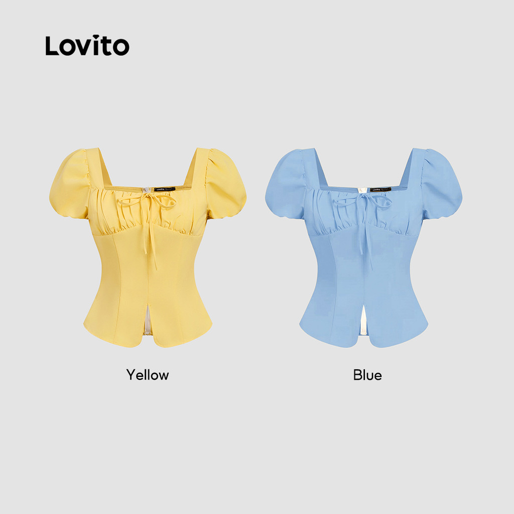 (Casual) Lovito Blusa Estrutura Linha Amarrar Pregas Primavera/verão Blusa Amarela para Mulheres Bordado LK4ED1330