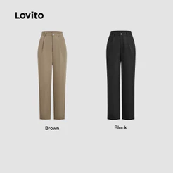 Lovito Elegante Calças Femininas com Zíper e Botão para Primavera/Verão na Cor Preta - L142LD264