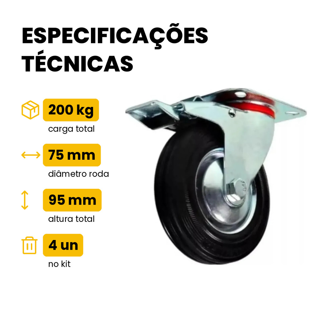Kit 4 Rodízio Giratório Borracha Com Trava 3 Pol 75mm JST 200kg Para Móveis · foto 2