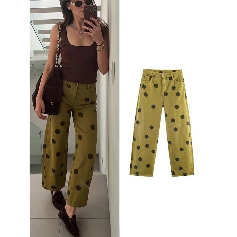 TFMLN Calças Jeans Femininas Novas com Estampa de Bolinhas, Calças de Denim Soltas, Calças Casuais de Verão com Zíper, C