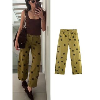 TFMLN Calças Jeans Femininas Novas com Estampa de Bolinhas, Calças de Denim Soltas, Calças Casuais de Verão com Zíper, C
