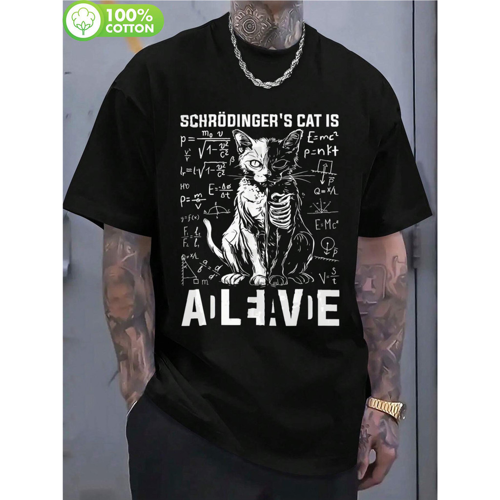 [Camiseta Premium em Algodão Puro]GXG Camiseta Masculina Gato Schrödinger Mecânica Quântica Básica Oversized 100% Algodã