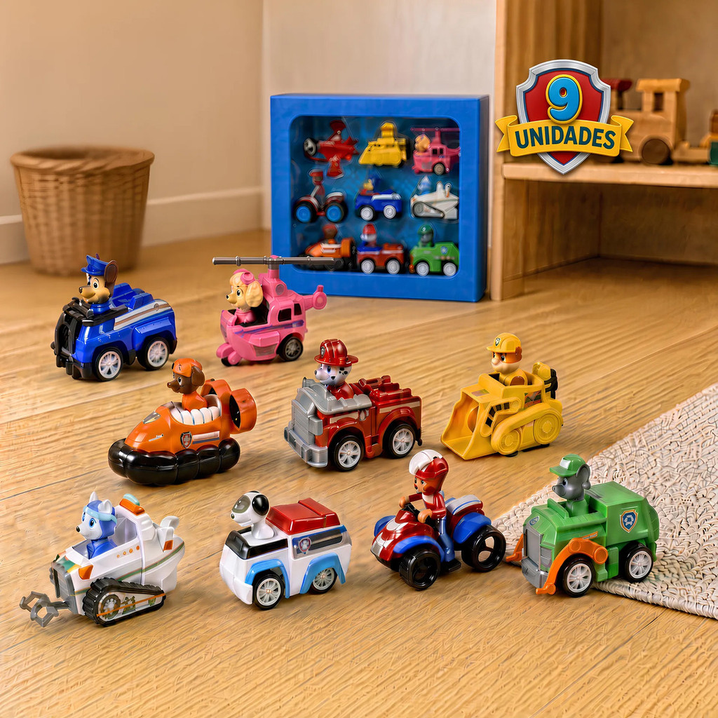 Coleção 9 Carrinhos Patrulha Canina Fricção Brinquedo Infantil