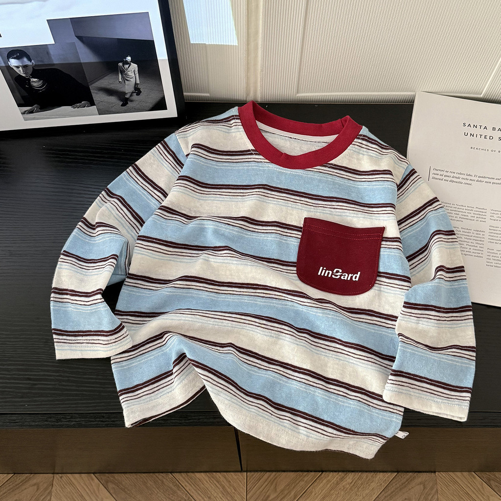 (6m-15Yrs) Crianças Outono Algodão Manga Longa Camiseta Listrado Bolso Design Estilo Coreano Respirável Bonito Meninos M