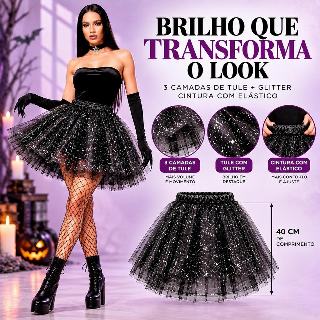 Kit Fantasia Halloween Feminina Bruxa Adulta 4 Peças Saia Tutu Chapéu Luvas Longas Com Garras Meia Arrastão — imagem 2 de 2