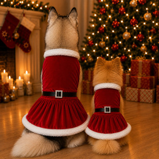 Vestido Natalino Pet Mamãe Noel Cachorro Pequeno Grande com Pelúcia Cinto Roupa de Natal Cães