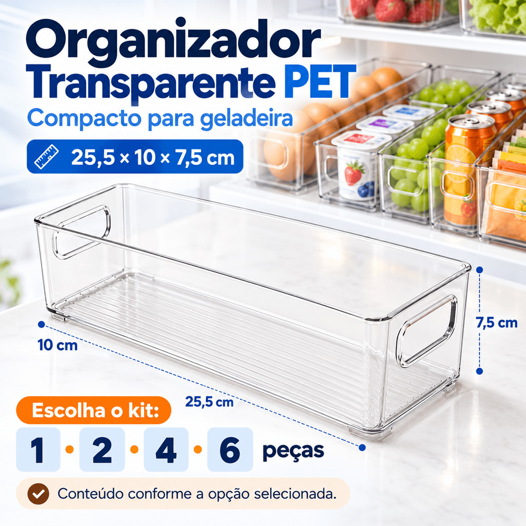 Kit Organizador Multiuso Transparente Retangular para Geladeira Gaveta Armário 1/2/4/6 Peças