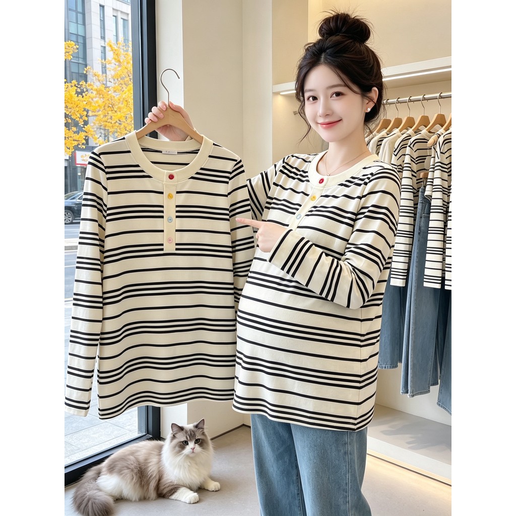 Maternidade topo outono terno moda em torno do pescoço solto listrado Casual manga comprida camiseta primavera outono Je