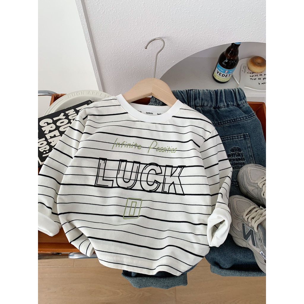 Crianças listrado camiseta de manga comprida pequeno médio-pequeno crianças carta impressa topo 2026 primavera outono me
