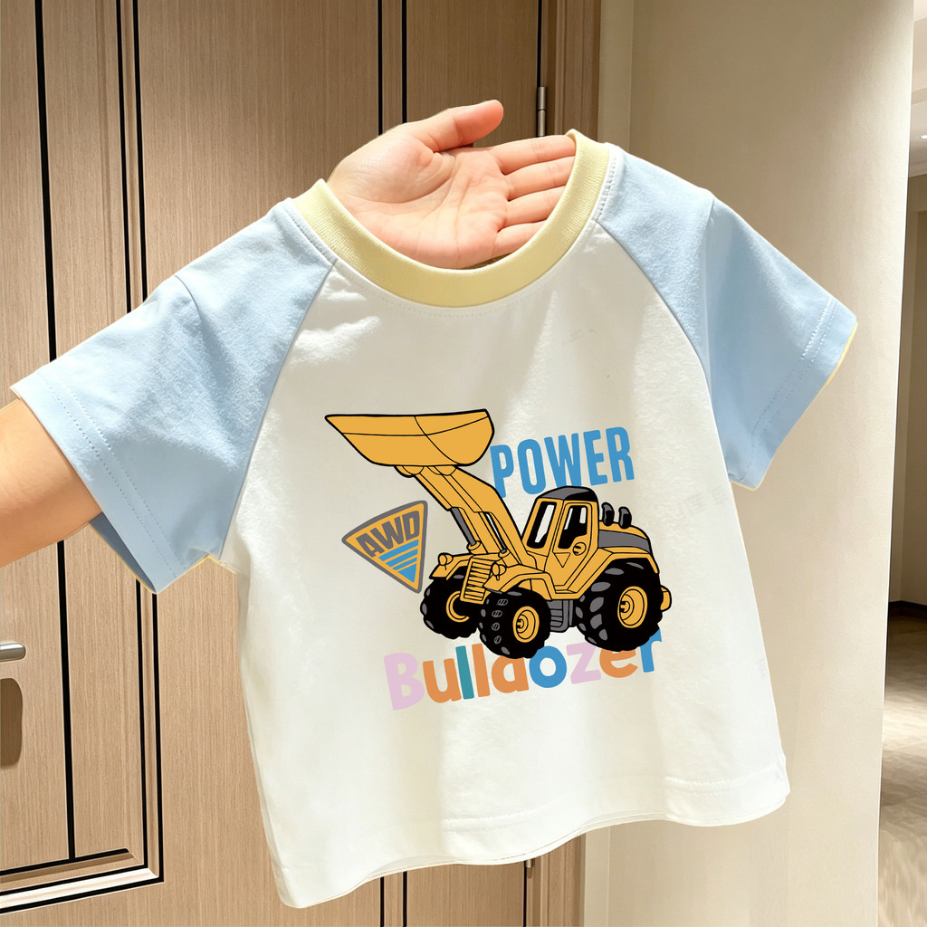 Vitalidade luz estilo de vida crianças escavadeira dos desenhos animados puro algodão manga curta camiseta meninos contr