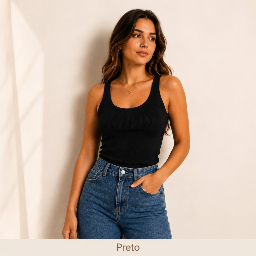 Blusa Feminina Básica Canelada Elegante Regata Gola Redonda
