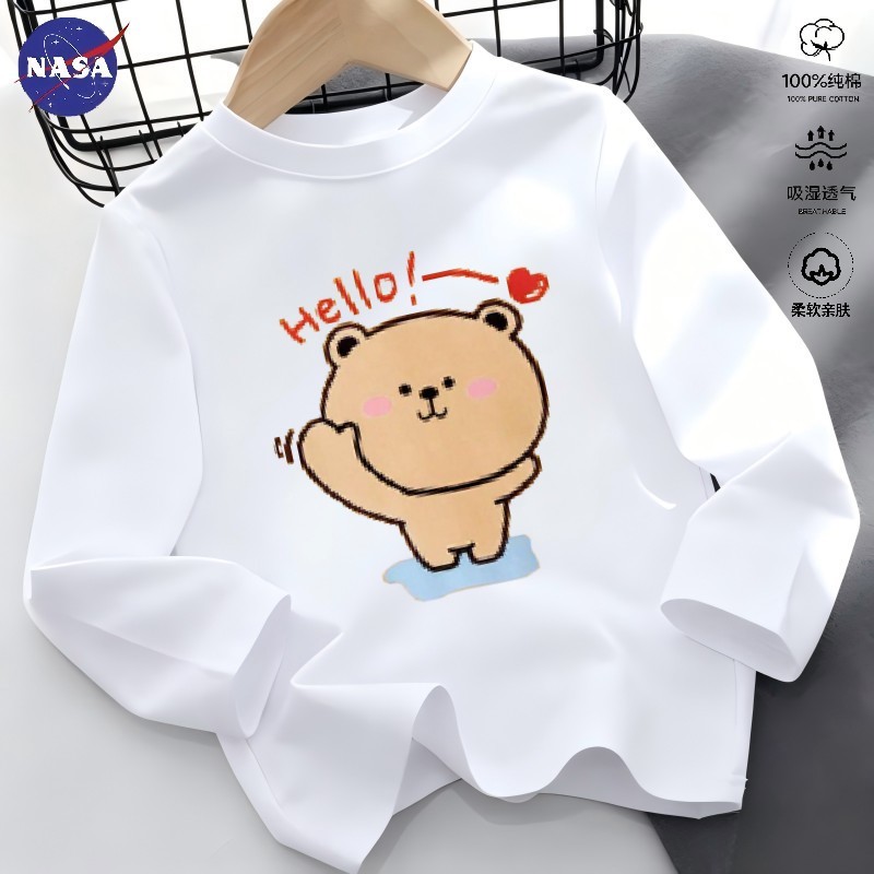 NASA Camiseta infantil de manga comprida primavera outono 2026 novo estilo desenho animado estampado pesado masculino fe