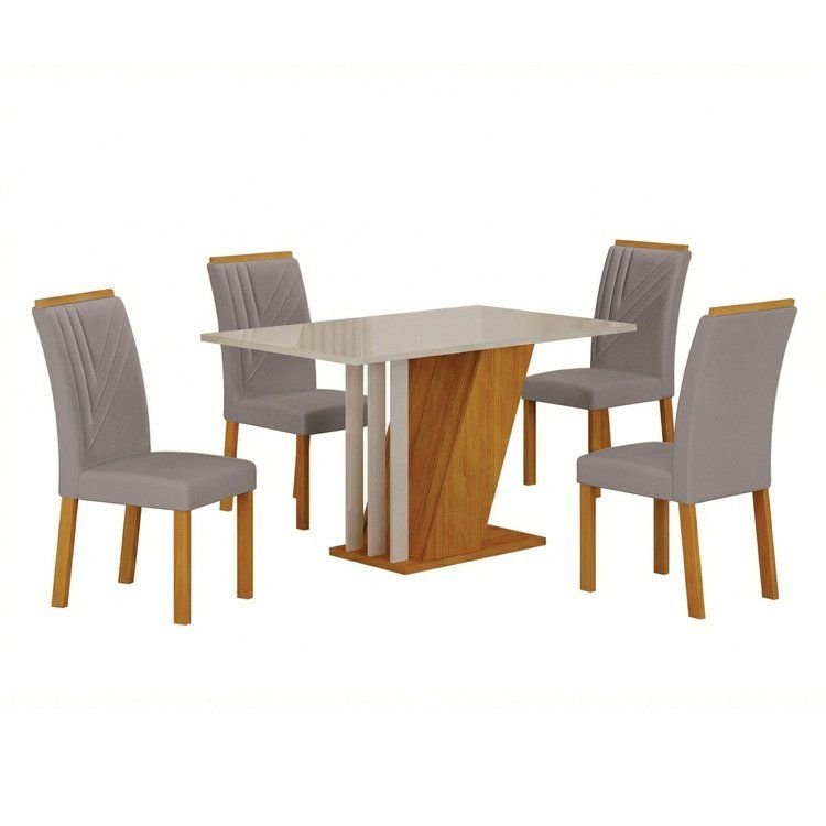 Conjunto Sala de Jantar Mesa Tampo Vidro/MDP com 4 Cadeiras Miami Yescasa Off White/Freijó/Prata Freijo/OffWhite/Prata