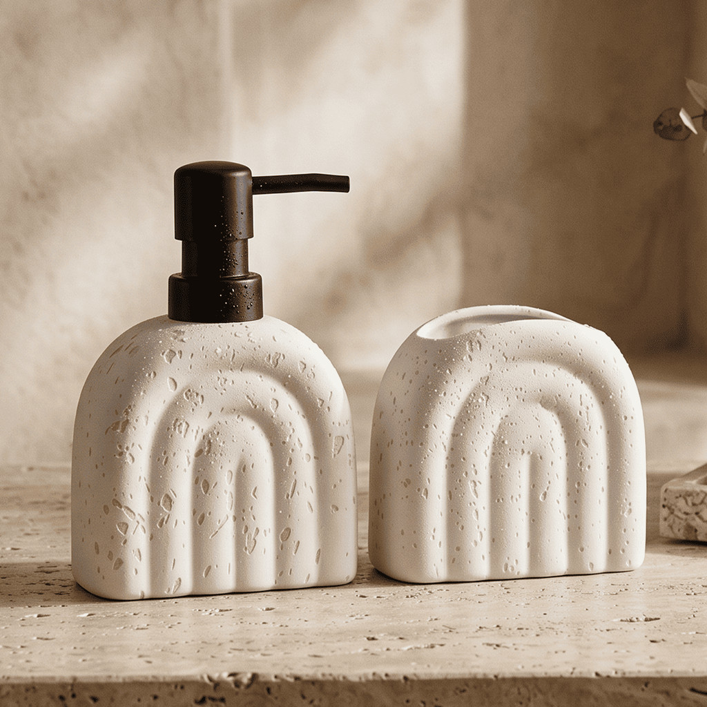 Kit 2 Peças Brancas Porcelana Banheiro Jogo Lavabo Efeito Pedra Travertino Arco Textura