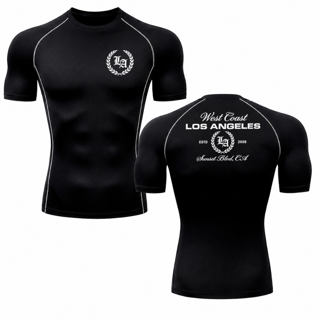 Camiseta Masculina De Compressão Costura Inversa Gym Academia Los Angeles West La Coast Stars Y2k Sunset CA Fitness