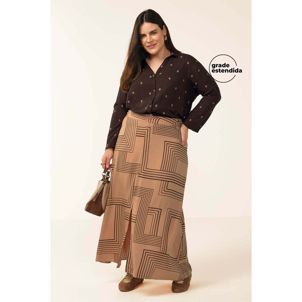 Saia Feminina Midi Estampa Geométrica Marialícia Marrom