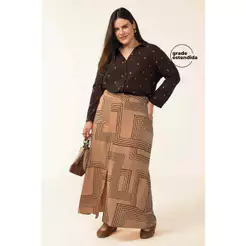 Saia Feminina Midi Estampa Geométrica Marialícia Marrom