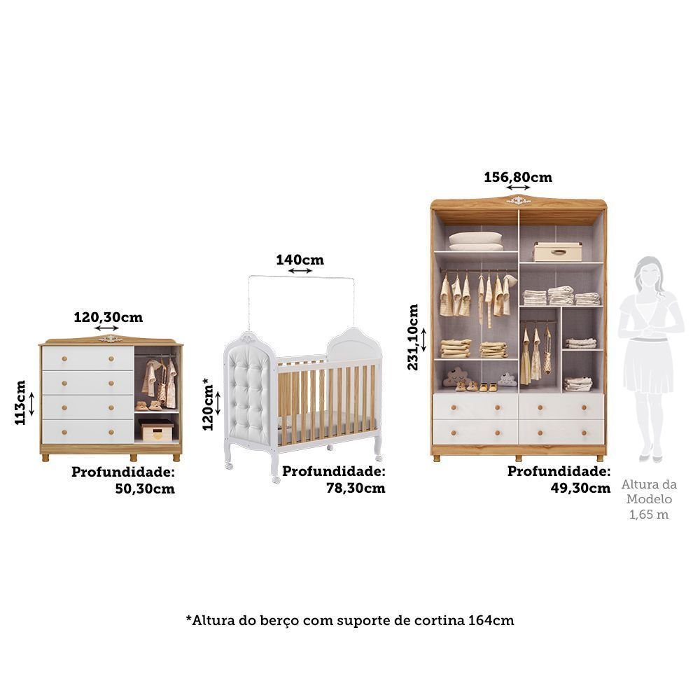 Quarto de Bebê com Guarda-Roupa Cômoda e Berço com Capitonê 100% MDF Maya Clássico Espresso Móveis B Branco · foto 2
