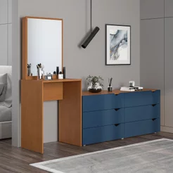 Cômoda para Quarto 6 Gavetas com Espelho Porto Azul/Freijó Azul/Freijó