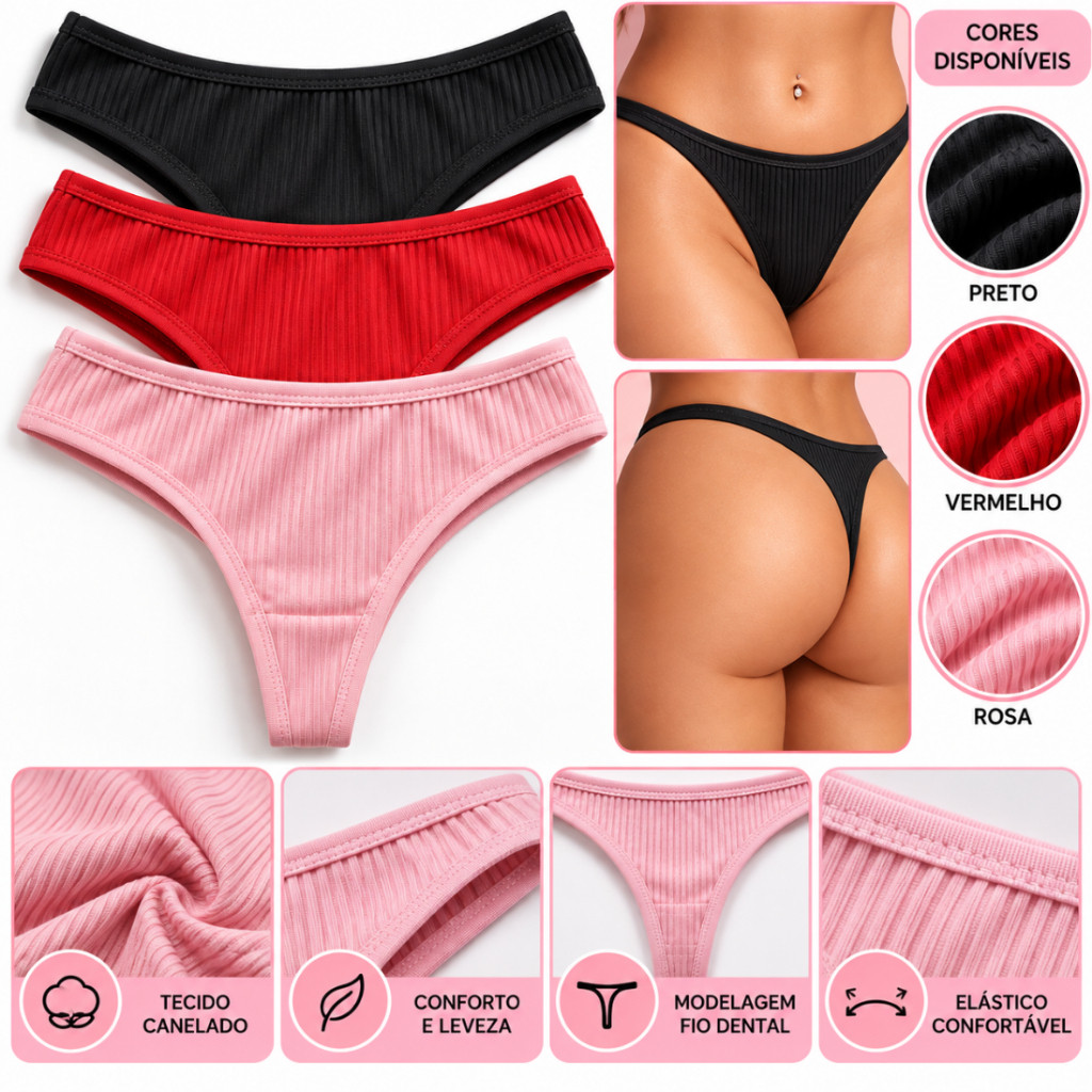 Kit Calcinha Fio Dental Feminina Canelada Confortável Elástica Cintura Baixa Cores Sortidas P M G