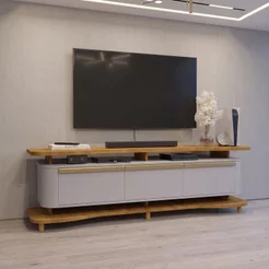 Rack para TV até 75 Polegadas com Pés em Madeira Maciça Guarapari 180cm Móveis Bechara Cinza/Naturalle Naturalle/Off